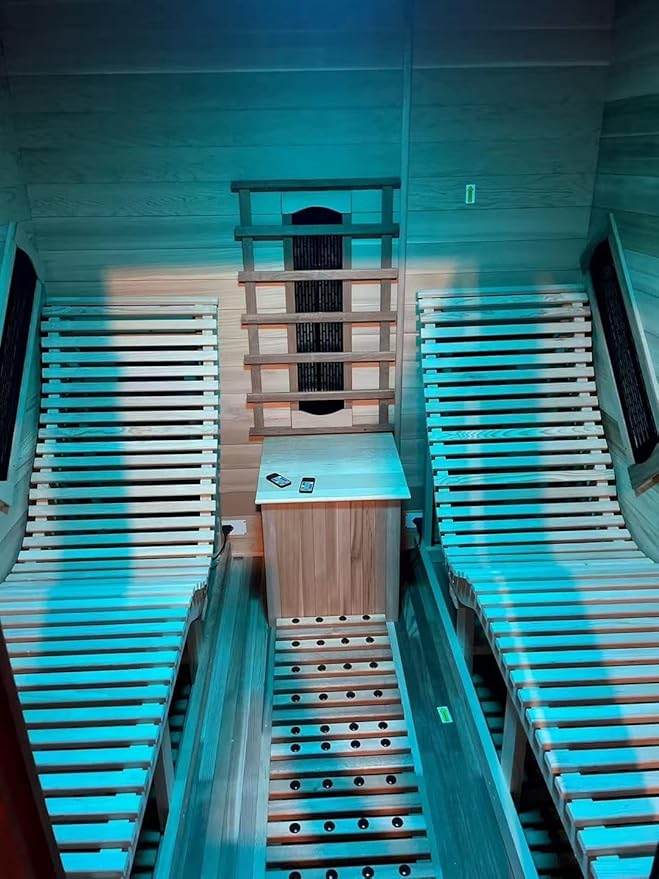ZONEMEL Infrared Wi-Fi Remote Control Sauna with Recliner, Red Cedar Wooden Luxury Indoor Sauna Room with 9 Heating Panels, Full Spectrum, Oxygen Bar, 3400 Watt, 220V, 7-Color Light