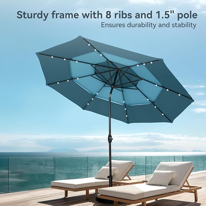 PHI VILLA 10ft Patio Umbrella with Solar Lights, Outdoor 3 Tier Vented Large Market Table Umbrella for Lawn Poolside Garden Terrace, Peacock Blue & Cerulean (No Base)