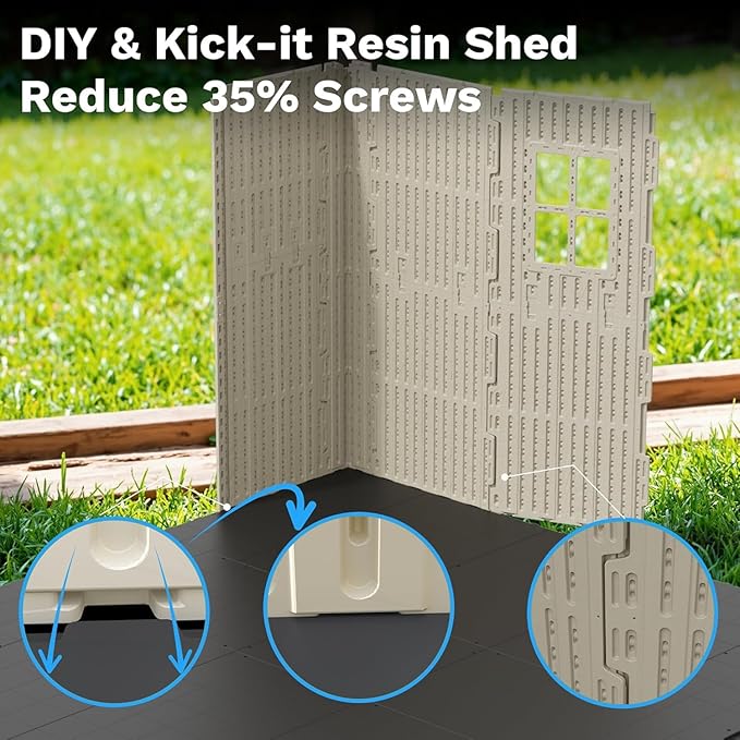 Devoko 10 x 16 FT Resin Outdoor Storage Shed, Extra Large Plastic Shed with Skylight, Floor and Lockable Door, Storage Bike, Tools, Lawn Mower for Garden, Backyard, Patio, Beige