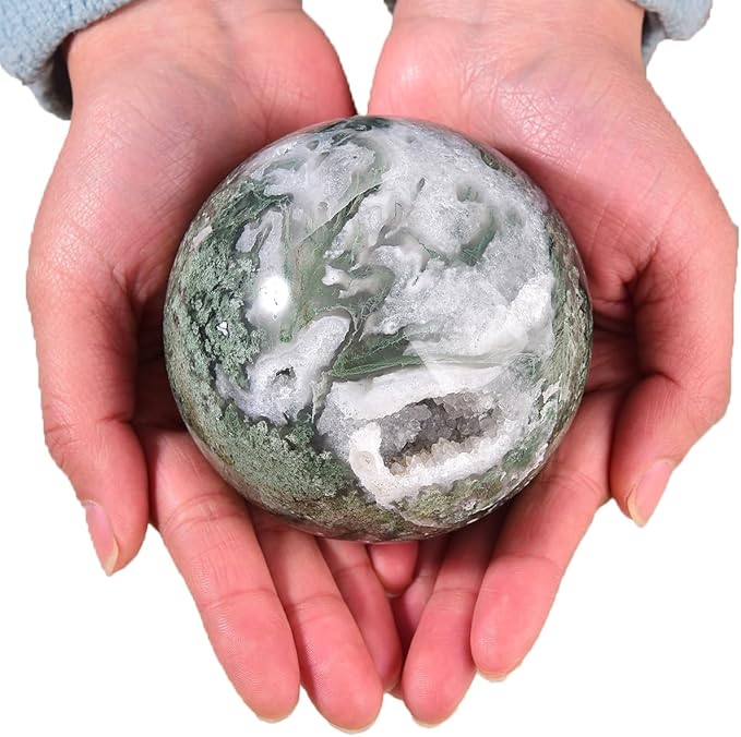Large Moss Agate Crystal Sphere Natural Healing Crystal Ball with Stand Meditation Decorative Balls Home Decor 80-90mm/3.1-3.5"
