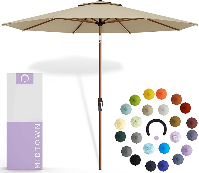 Midtown Umbrellas Wooden 2-8 Feet Outdoor Patio Umbrella, Terylast Chestnut Beige Fabric, Aluminum Frame For Backyard Umbrella, Deck Umbrella, Garden Umbrella & Pool Umbrella - Wooden Pole