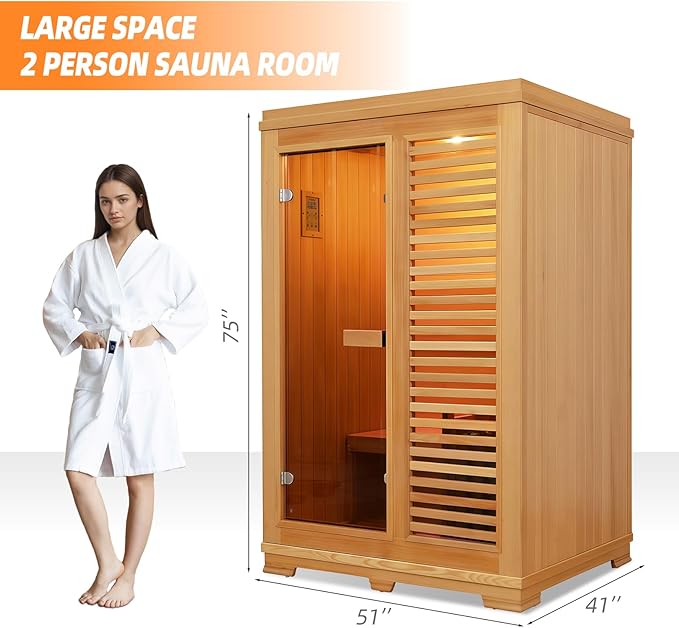 Indoor Traditional Steam Sauna 2 Person, Canadian Hemlock Saunas, 4.5KW Harvia Heater, 220V,Fence Design, Better Sealing, Left Door(0-195℉) (with Door Fence)