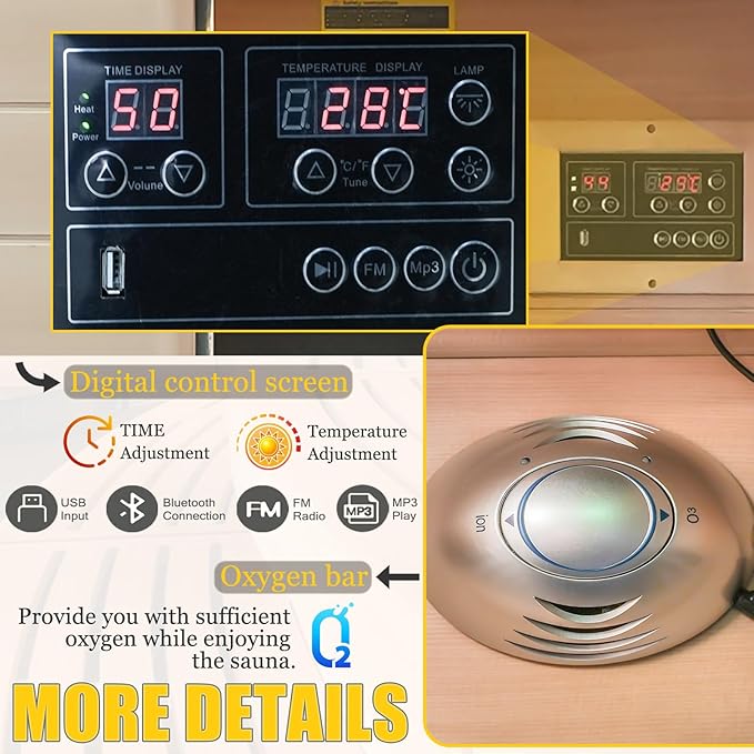 Far Infrared Sauna,1 Person Indoor Side-Opening Home Sauna Canadian Hemlock Wood Dry Sauna 1050W Carbon Heating Panels Infrared Home Spa