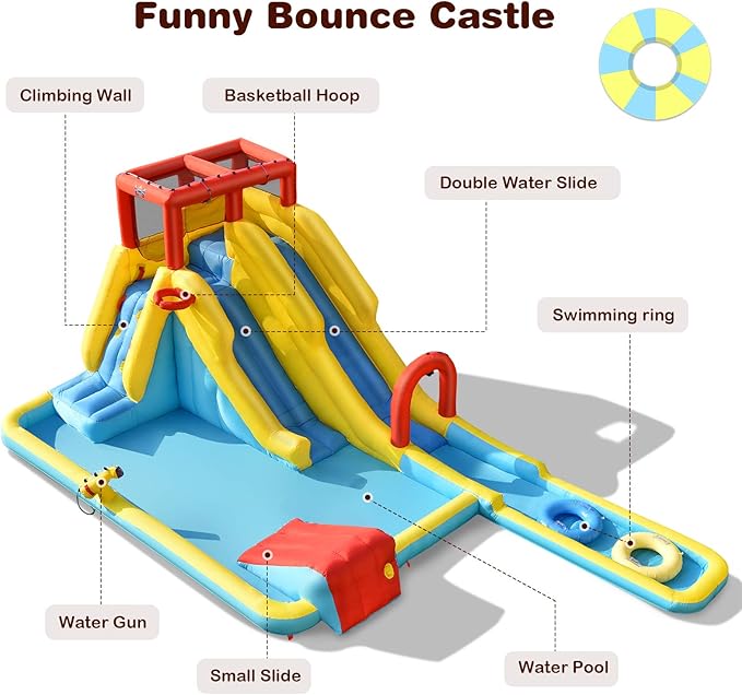 BOUNTECH Inflatable Water Slide, Dual Slides Kids Water Slide Park Bouncy Castle w/950W Blower, 2 Swimming Rings, Large Splash Pool, Backyard Outdoor Blow up Water Slides Inflatables for Big Kids