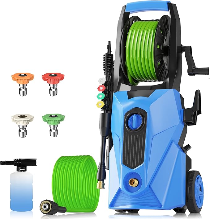 5000PSI Electric Pressure Washer, 2025 New Power Washer with 33FT Flexible Extension Pressure Washer Hose Reel, 4 Nozzles, Professional Power Washers for Home/Car(Blue)