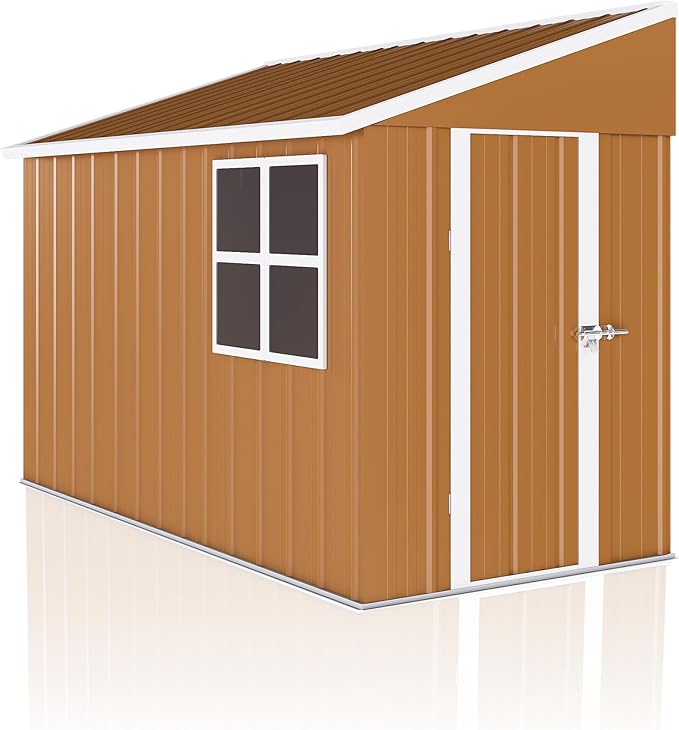 8x4 FT Outdoor Storage Shed, Metal Shed with Floor, Lockable Door, Sloping Roof, All-Weather Lean to Resin Shed for Garden, Backyard, Patio, Lawn (Khaki)