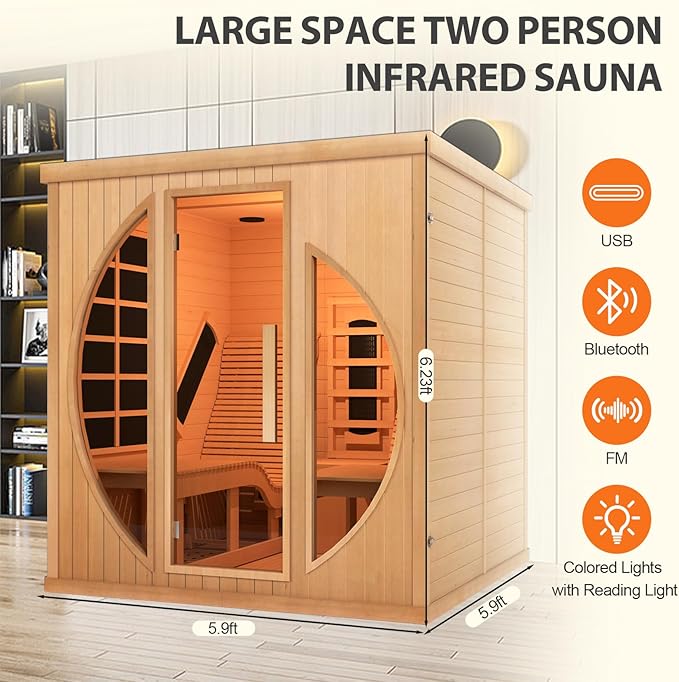 Smartmak Full Spectrum Infrared 2 Person Sauna Room, Red Light Therapy Luxury Wood Home Sauna with Recliner, Canadian Hemlock Indoor Dry Saunas Spa, 3400W with 10 Heaters, Speakers, Lights, Oxygen Bar