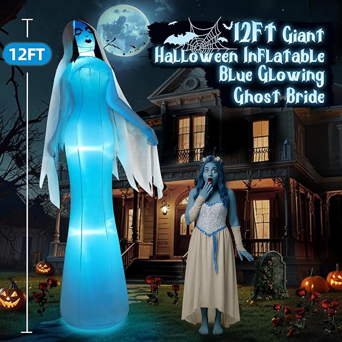 12FT Giant Halloween Inflatables Ghost Bride, Halloween Decorations Outdoor Blow Up Yard Decorations Built-in Whole-Body Blue Glowing LED Lights Huge Halloween Blowups for Outdoor Holiday