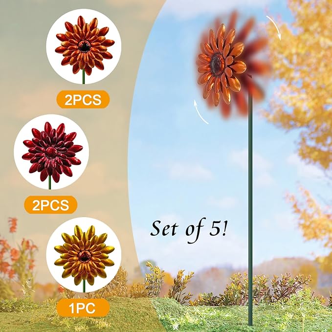 5 Pack Metal Autumn Mums Wind Spinner Garden Stakes,Outdoor Lawn Ornaments,Fall Yard Decorations,Garden Decor for Outside