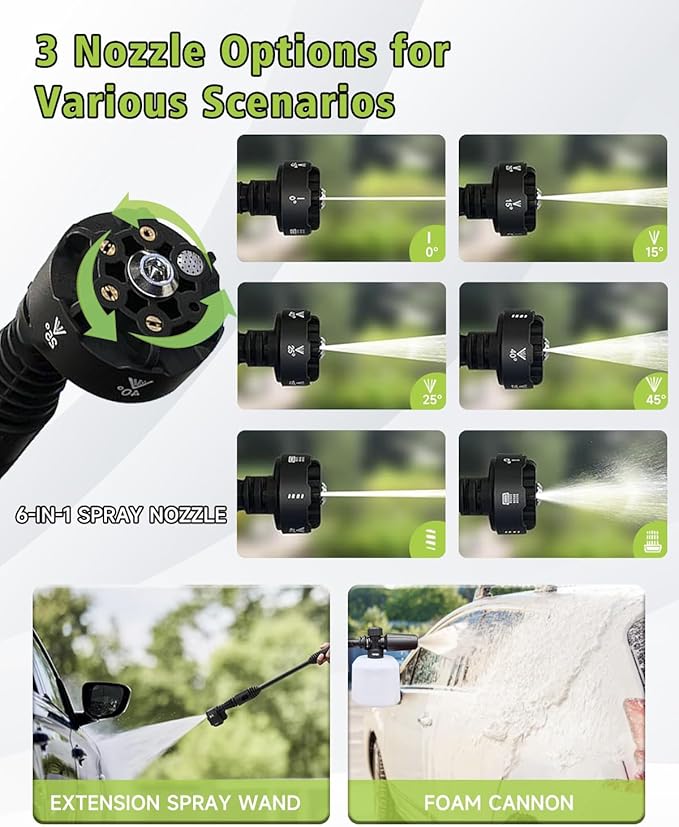 Portable Cordless Pressure Washer with Faucet Adapter - 2 Pack Batteries 1200PSI Cordless Power Washer Battery Operated with 6-in-1 Nozzle, Adjustable Foam Cannon LCD Touch Screen for Car Garden