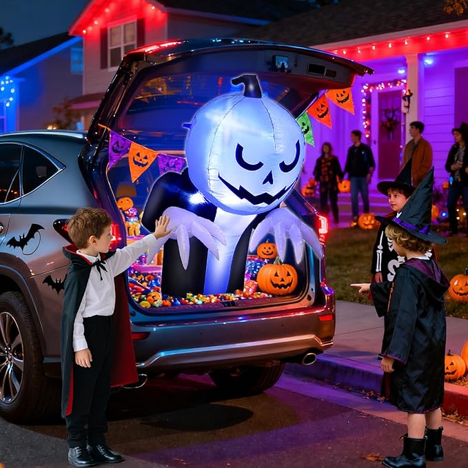 3.6 Ft Halloween Trunk or Treat Inflatable Car Decorations Kit, Blow Up Pumpkin Ghost Built in Blue LED Lights Quick-Inflating Outdoor Decor for Car, Halloween Party Yard Decor