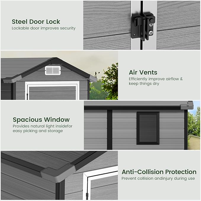GVDV 4×6FT Outdoor Resin Plastic Storage Shed with Reinforced Floor, All-Weather Plastic Shed with Lockable Door, Window, Waterproof Tool Storage for Garden, Backyard, Patio