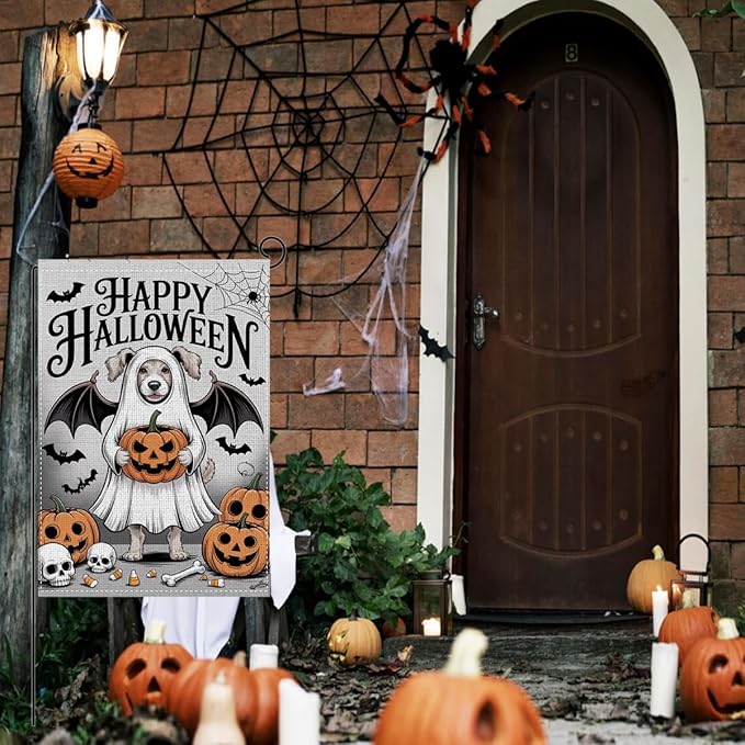 HTBIG Happy Halloween Garden Flag, Halloween Ghost Golden Retriever Dog Decor Flag, Yard Flags for Outside 12x18 inch, Outside Yard for Home Decorations