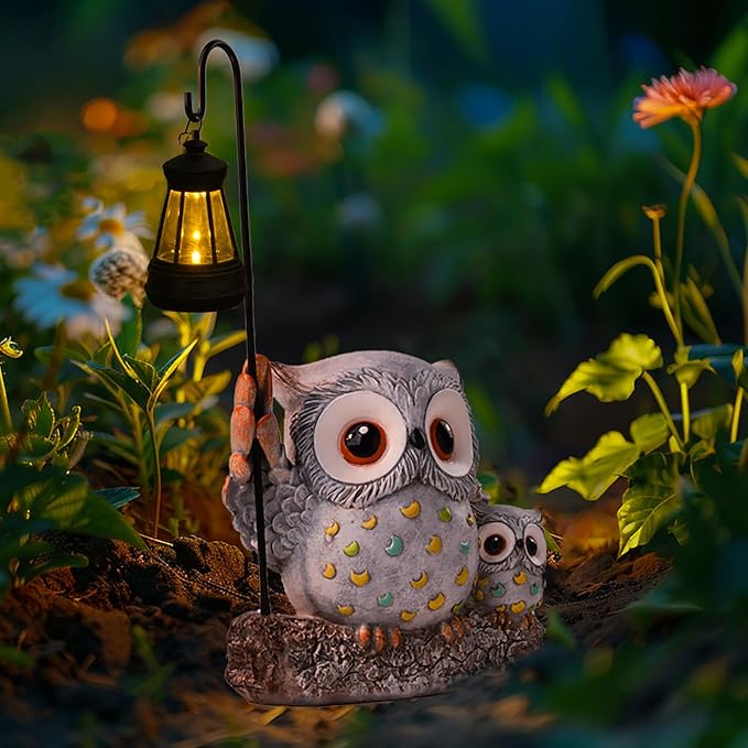 Garden Statues Owl with Solar LED Lantern, Resin Solar Garden Decor for Outside, Yard Decorations Outdoor for Patio, Porch, Balcony, Lawn Ornaments, House Warming Birthday Gifts for Mom Women Grandma