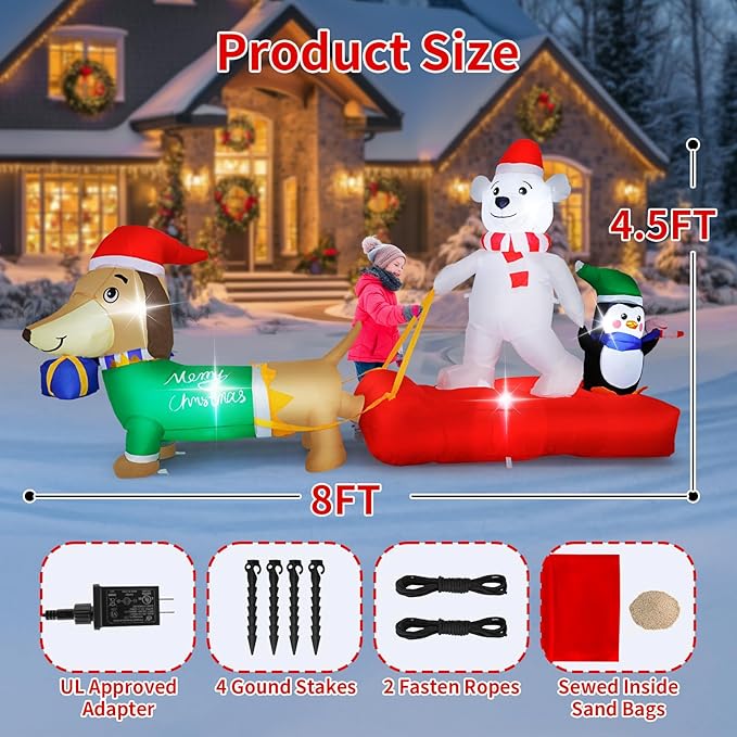 8FT Long Christmas Inflatable Dog Sled with Polar Bear & Penguin, LEDs Lighted Blow Up Outdoor Decoration for Xmas, Weiner Dog Sleigh Décor for Indoor Garden Yard Lawn Party Patio
