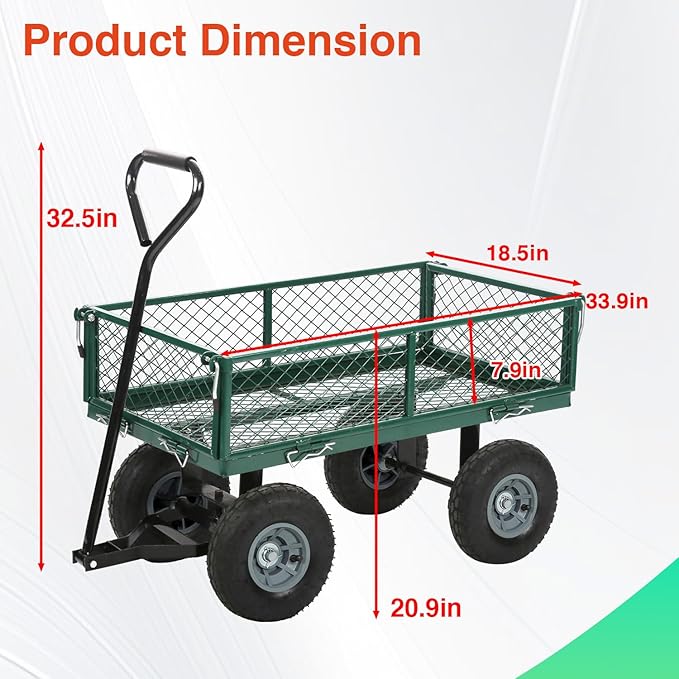 FDW Garden Cart Streel Heavy Duty 500 LBS Capacity，Utility Cart Wagon with Removable Sides and 180°Rotating Handle for Yard, Lawn and Garden Hauler (Dark Green)