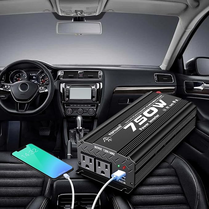 750W Modified Sine Wave Power Inverter DC 12V to AC 110V, Peak 1500 Watt, Car Plug Inverter Adapter Power Converter with 4.2A Dual USB Charging Ports and 2 AC Outlets Car Charger Black