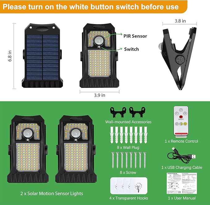 Tryme 118Leds Solar Lights Outdoor Clip Motion Sensor Lights Security Light 3 Modes, 3 Color Temperature, Solar Powered, USB Charging (2 Pack)