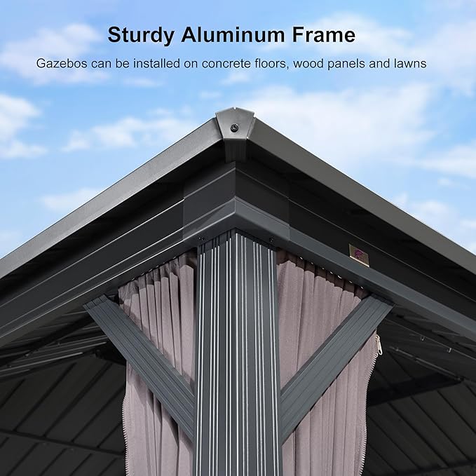 PURPLE LEAF 8' X 8' Outdoor Gazebo Aluminum Permanent Hardtop Gazebo with Galvanized Steel Double Roof for Patio Backyard Deck with Netting and Curtains Grey