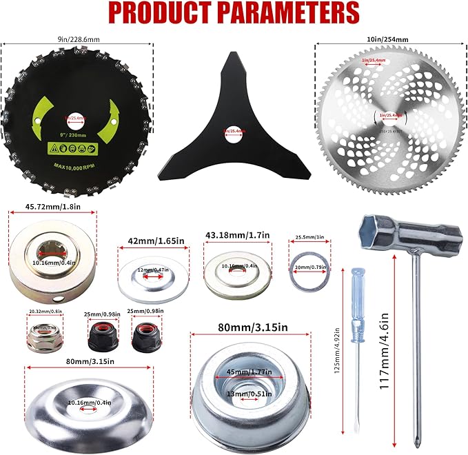 9"x20T Brush Blades Carbon Steel Round Chainsaw, 10"x3T Cutter Weed Eater Blades, 10"x80T Carbide Tip Blades- Adapter Kit with 3 Round Files, Compatible With Trimmer Weed Eater Husqvarna Stihl Ego