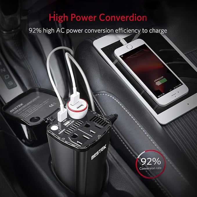 BESTEK 200W Car Power Inverter, Car Plug Adapter Outlet Converter with 2 AC Outlets, Dual 4.5A USB Charging Ports, Cup Holder Car Inverter with Cigarette Lighter Socket for Laptop, Computer