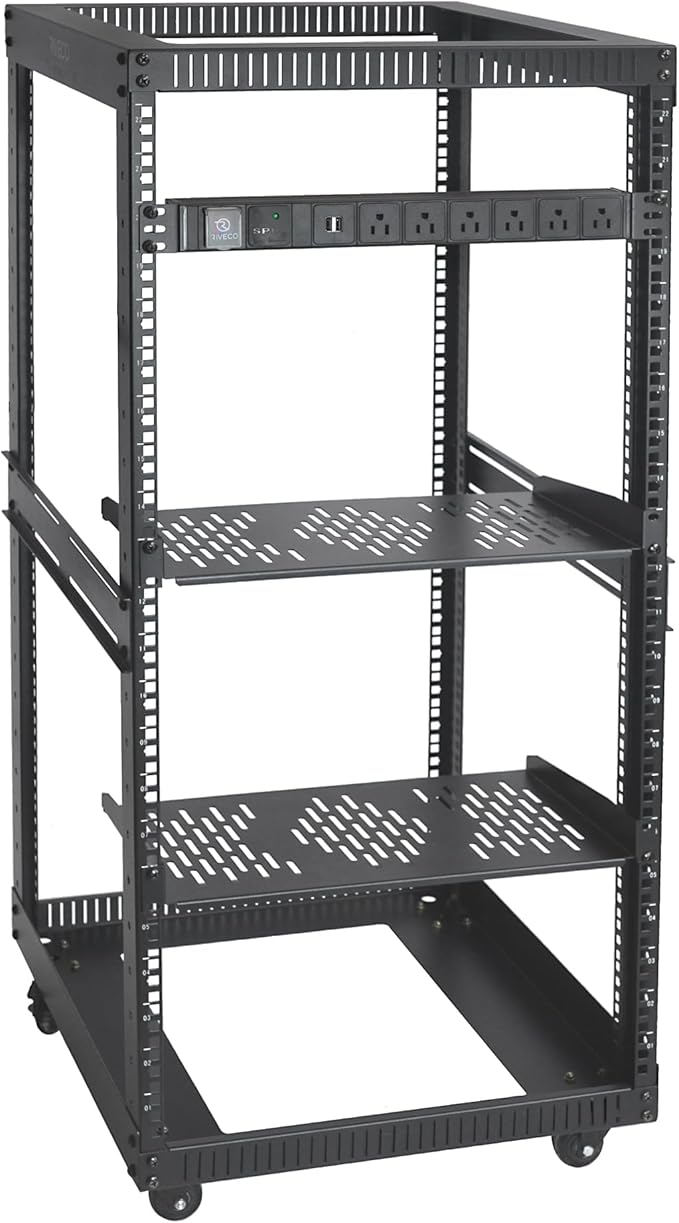 RIVECO 22U Open Frame Server Rack with Brake Casters +19" Rail Mounting PDU (8 Outlets) Power Strip with Surge Protector + 2PCS Rack Shelves Cantilever Tray Set Black