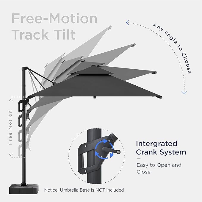 10x10 FT Cantilever Patio Umbrella with Led Lights Double Top Outdoor Square Heavy Duty Offset Umbrellas 360°Rotation Free-motion Track Tilt Windproof for Pool Deck Garden, Grey