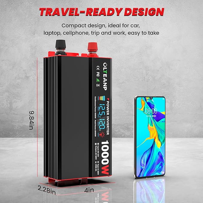 1000 Watt Power Inverter 12V DC to 110V/120V AC Car Inverter with LCD Screen Display, 2 AC Outlets, 36W Type-C Port, 5V/3A USB Port, Car Power Converter for Truck, Home, Vehicles, Laptop, Trip