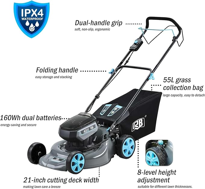 RB 80V 4-in-1 Cordless Lawn Mower 18” Brushless Motor with 2 x 4.0Ah Batteries & Fast Charger - 7 Cutting Height Adjustment Low-Noise Push Mower for Effortless Lawn Care