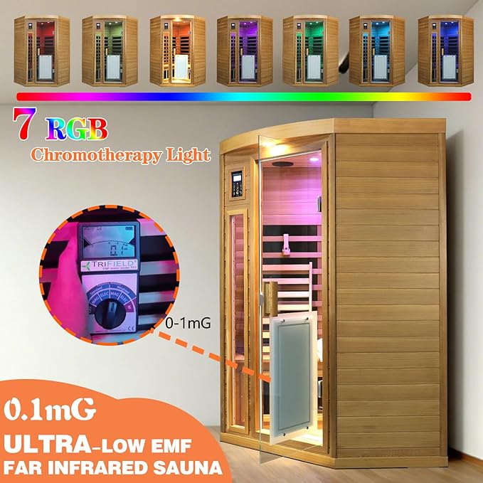 2-3 Person Corner Far Infrared Sauna for Home, 1760W Ultra-Low EMF（0-1mG） Indoor Red Cedar Wood Sauna Room with 8 Heating Panels, Dual Control Panel, Bluetooth Speaker & Chromotherapy Lights
