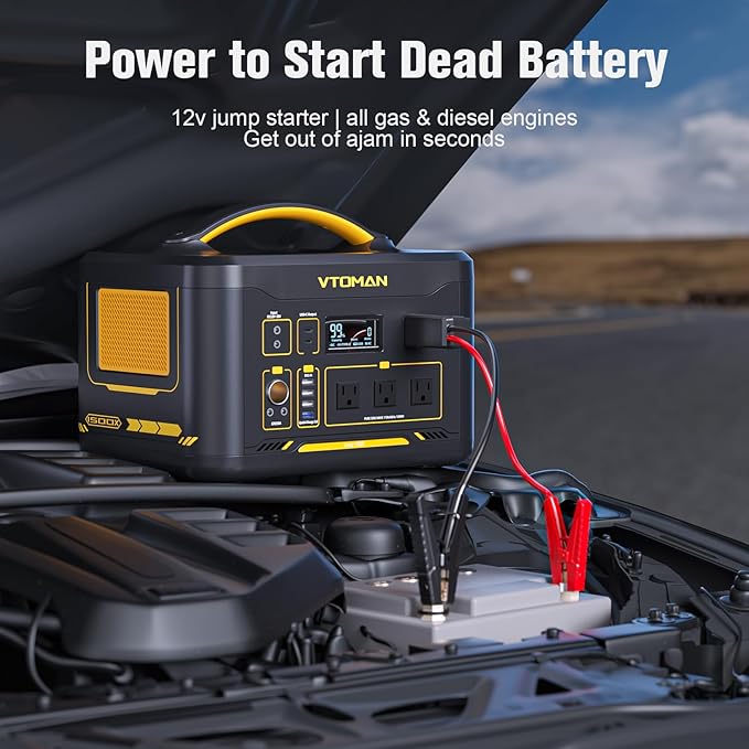 VTOMAN Jump 1500X Portable Power Station with Jumper Cables, 828Wh LiFePO4 Battery Solar Generator with Jump Start for Car, 1500W AC Outlets, 100W PD Type-C&Regulated DC for Home Backup RV Van Camping
