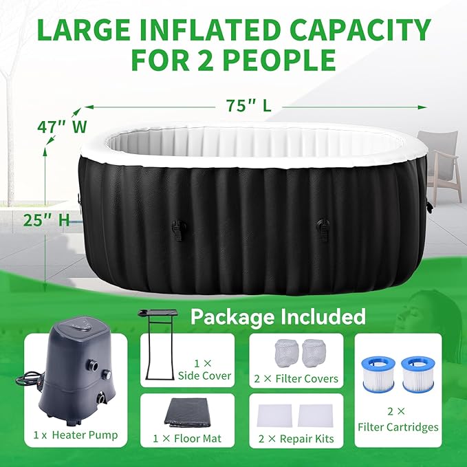 2 Person Inflatable Hot Tub with LED Lights, Oval Blow Up Portable Hot Tub, Leak-Proof PVC Outdoor Spa with 100 Strong Air Jets, Pump and Insulated Cover, Side Table, 75” X 47”X 25”
