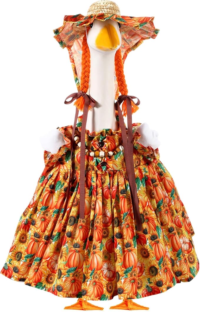 Fall Thanksgiving Goose Outfit Sunflower Porch Goose Costume with Hat Necklace for 23 Autumn Patio Yard Lawn Decor(Pumpkin,Sunflower)