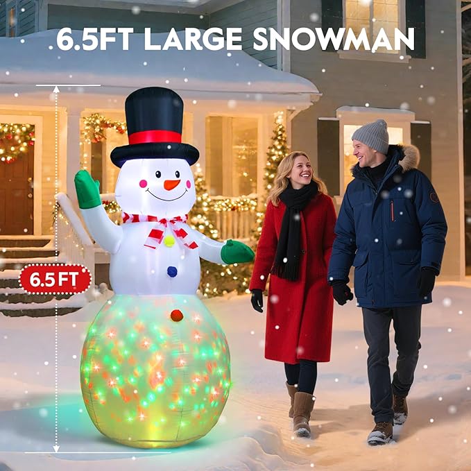 Christmas Inflatable Outdoor Decorations, 6.5 FT Snowman Blow Up Yard Decor with 1 RGB LED Lights, Christmas Party Outdoor, Yard, Garden, Lawn Winter Decorations Ornaments