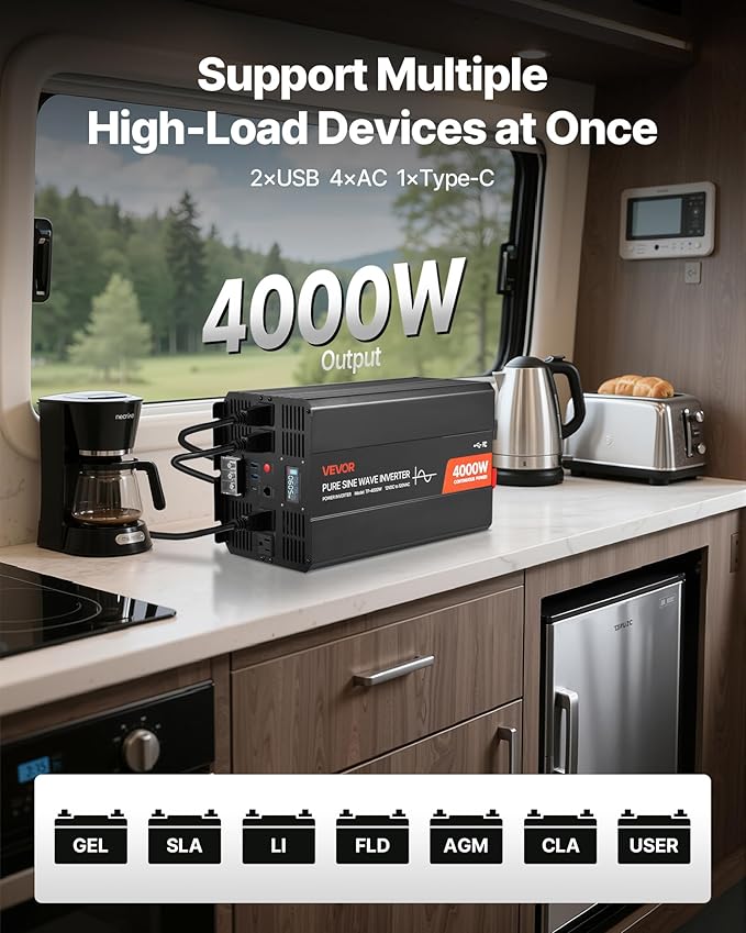 VEVOR 4000W Power Inverter, 12V DC to 120V AC Pure Sine Wave Inverter, Solar Car Charger Converter with LCD Display, Remote Control, 2 USB Ports, 4 AC Outlets, Type-C Port, for RV, Truck Outdoor