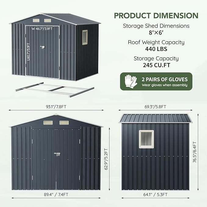6x8FT Outdoor Metal Storage Shed with Floor Frame,Double Door, 1 Clear Window, Tool Shed for Garden, Patio, Backyard