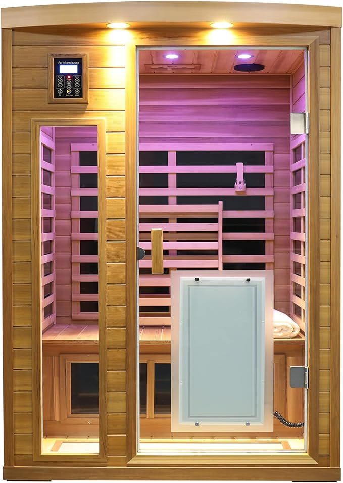 2 Person Infrared Sauna for Home, Red Cedar Ultra Low EMF (0-1mG) Far Infrared Sauna, 1750W Indoor Wooden Saunas Room with Bluetooth Speakers, Chromotherapy Lights & Door Heated Panels