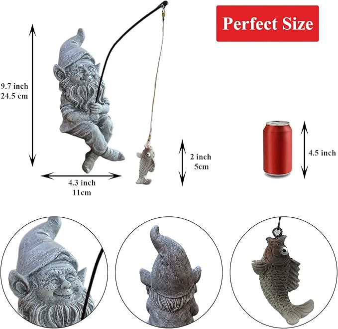 Garden Gnome Pond Statue Decoration, Fishing Gnome Garden Statue Outdoor Koi Pond or Waterfall Decor, 9.7" Stone Gnome Fishing Poolside Statue, Elf Pond Statue, Great Gifts & Housewarming for Mom