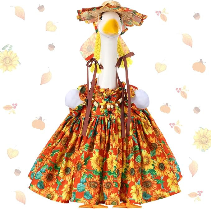 Fall Thanksgiving Goose Outfit Sunflower Porch Goose Costume with Hat Necklace for 23 Autumn Patio Yard Lawn Decor(Sunflower)