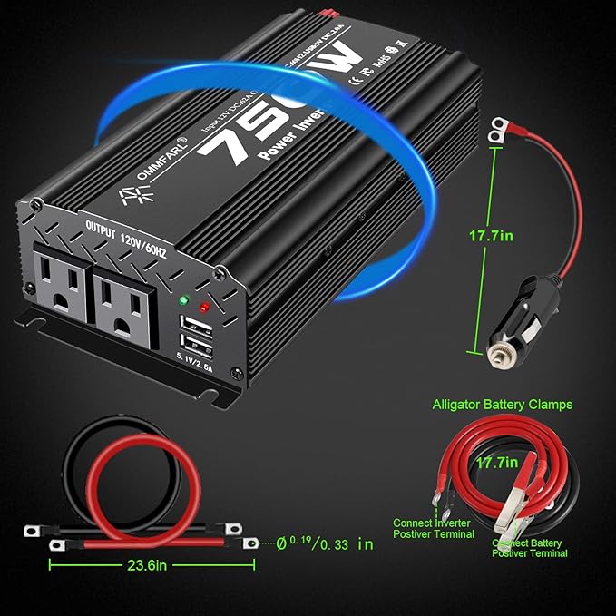 750W Modified Sine Wave Power Inverter DC 12V to AC 110V, Peak 1500 Watt, Car Plug Inverter Adapter Power Converter with 4.2A Dual USB Charging Ports and 2 AC Outlets Car Charger Black