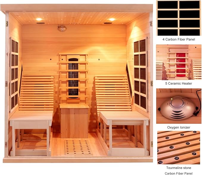 ZONEMEL Full Spectrum Infrared 2 Person Wooden Sauna Room with Recliner, Canadian Hemlock Luxury Indoor Sauna with 10 Heaters, Oxygen Bar, 3400 Watt, Infrared Therapy Wood Dry Heat Sauna, 220V