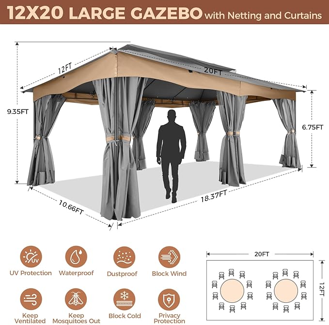 COBIZI Gazebo 12x20 Heavy Duty Gazebos with Curtain and Netting Outdoor Gazebo Canopy Double Roof Patio Gazebos with Metal Steel Frame for Patio, Garden, Backyard (Gray)