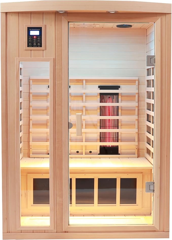 Ceramic 2 Person Infrared Sauna, Far Infrared Sauna for Home, Hemlock Wood Saunas Room, 2 in 1 Indoor Sauna with Low EMF Heaters + Ceramic Heating Cubes-Chromotherapy-Bluetooth Speaker
