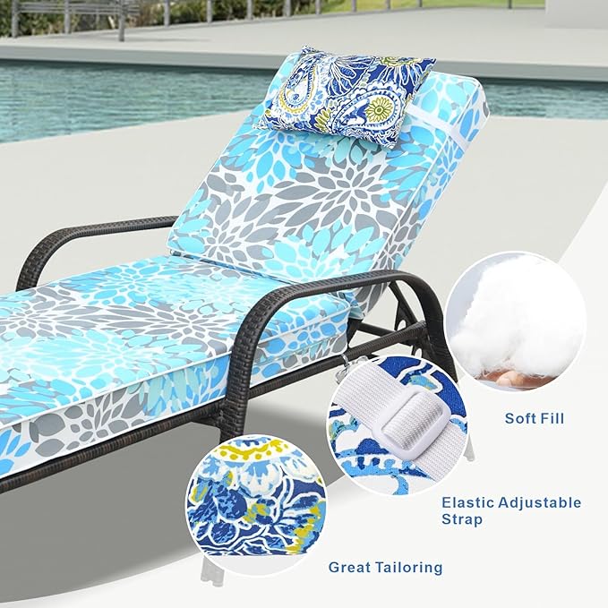 JMGBird Outdoor Pillow for Chaise Lounge Chair Set of 4 Waterproof Headrest Pillow Lumbar Pillows with Insert & Adjustable Elastic Strap for Beach Poolside Patio Office, 10x16 Inch