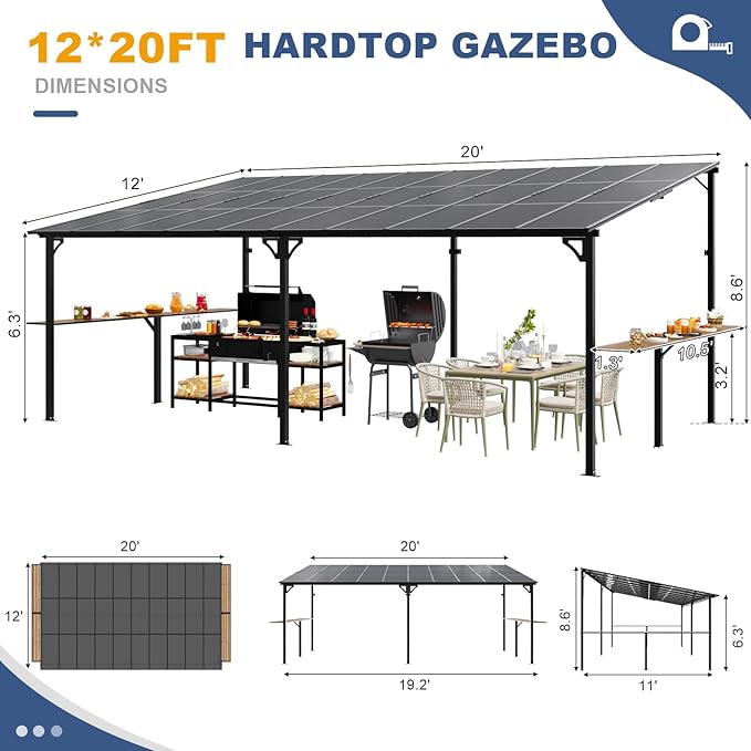 MEISSALIVVE 12' x 20' Wall Mounted Gazebo, Outdoor BBQ Grill Gazebo with Side Shelf, Lean to Metal Awnings with Sloped Roof, Heavy Duty Pergola for Backyard, Deck, Black