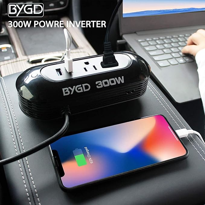 300W Power Inverter 12V DC to 110V AC Car Adapter with 4.8A Dual USB Ports and AC Outlets, Portable Compact Power Converter for Laptop, Phone, Tablet, RV, Camping(Black)