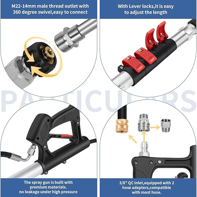 24FT Telescoping Pressure Washer Wand Kit - 2 Extension Poles, Gutter Cleaner, Brush, Pivoting Coupler & 7 Nozzles for Roof, Deck, Vehicle, Sidings