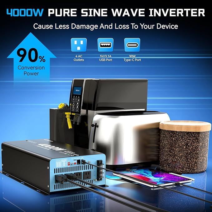 New 48V 4000 Watts Pure Sine Wave Inverter, 48V DC to 110V/120V AC Power Inverter with 4 AC Outlets, USB Port, Type-C Port for Truck, Vehicle, Power Outage, Remote Control with LCD Screen