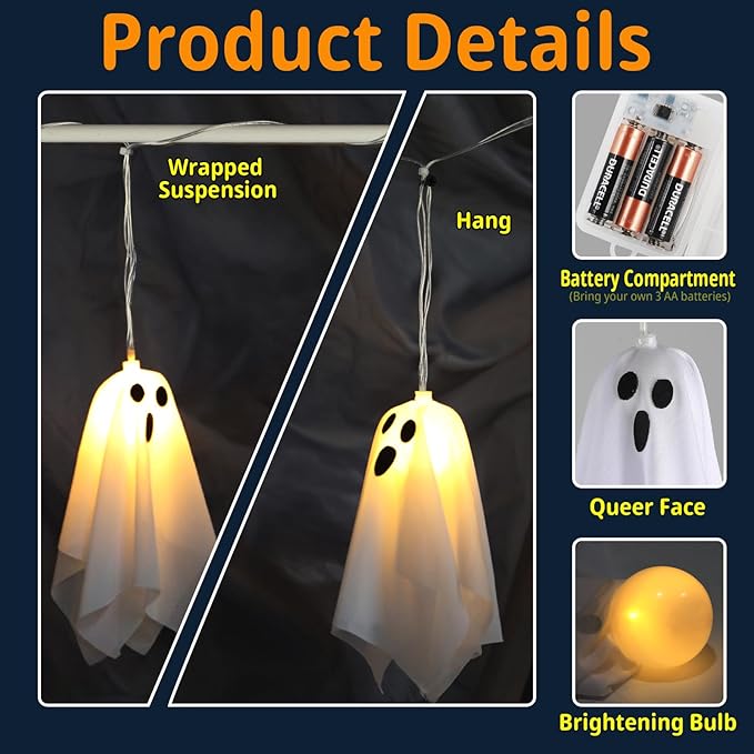 10p Halloween Decorations Outdoor,Ghost Decoration with Remote Control String Lights,Halloweens Party Decoration Indoor Porches Yards Gardens Lawn