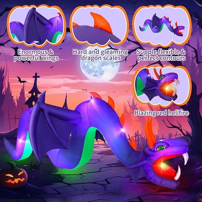12ft Halloween Inflatable Dragon Decorations,Open Mouth and Sharp Teeth Outdoor Giant Purple Decorations,Built-in 7 LEDs Blow Up Dragon Inflatables for Yard, Lawn & Garden Internal Lights